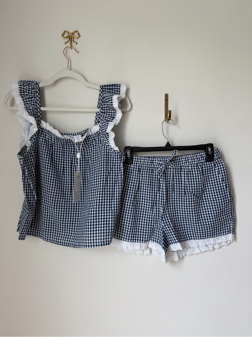 Caroline Constas Navy & White cotton Gingham Ruffle Pajama Set